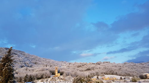 Panoramic view of mountains against blue sky