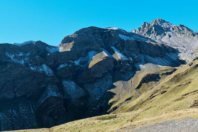 Scenic view of rocky mountains against clear blue sky