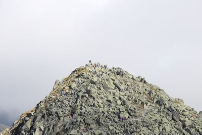 Low angle view of people on rock against sky