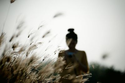 Close-up of plants against woman standing on field