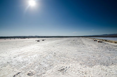 Scenic view of desert against clear blue sky