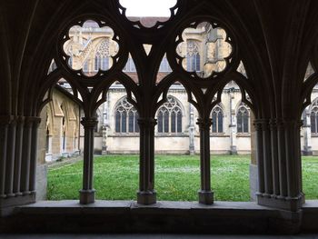 Building seen through historic window