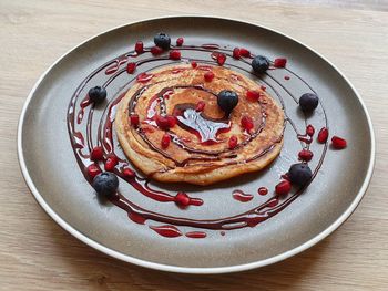 High angle view of dessert in plate on table