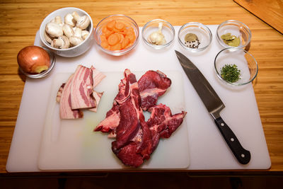 High angle view of chopped vegetables on table