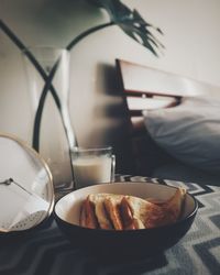 Close-up of breakfast served on table at home