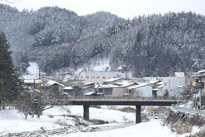 Snow covered houses by trees and buildings