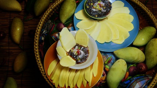 High angle view of fruits in basket on table