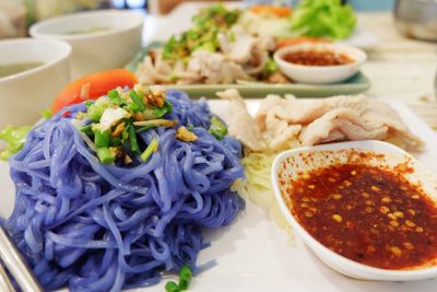 High angle view of food served on table