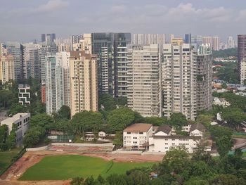 High angle view of buildings in city