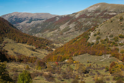 Scenic view of mountains against sky during autumn