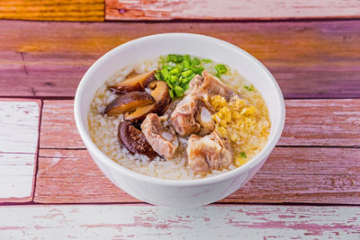 High angle view of noodles in bowl on table