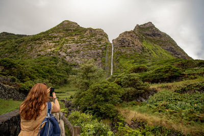 Amazing waterfall, flores island, azores, travel destination.
