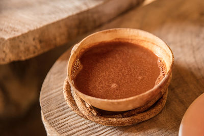 High angle view of hot chocolate in bowl on table