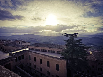 High angle view of townscape against sky during sunset