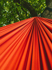 Low angle view of multi colored umbrella against trees