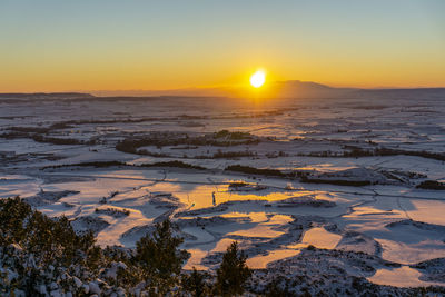 Scenic view of snow covered landscape against sky during sunset