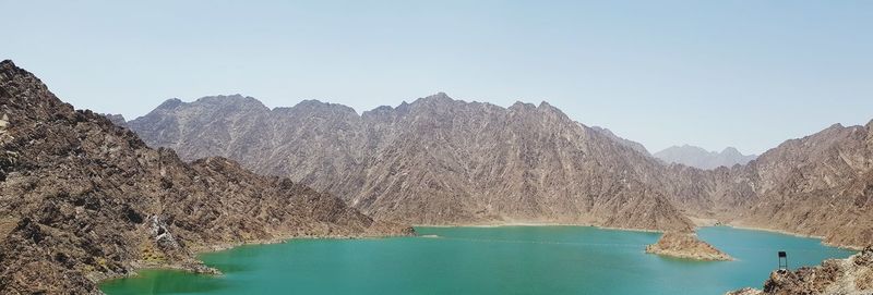 Panoramic view of lake and mountains against clear sky