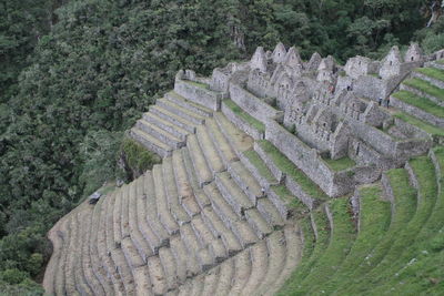 High angle view of old ruins at machu picchu