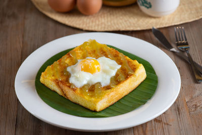 Close-up of breakfast served on table