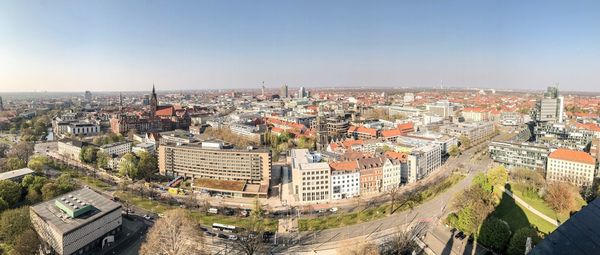 High angle shot of townscape against sky