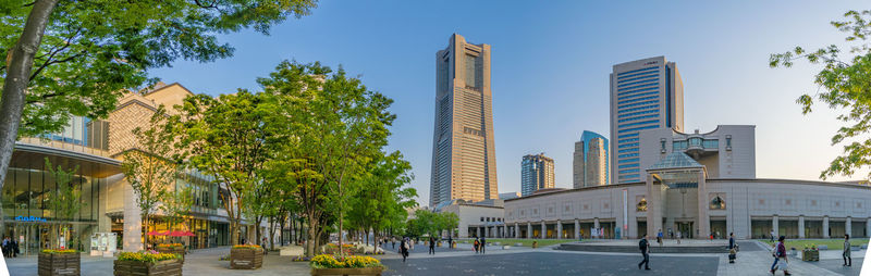 View of modern buildings against clear sky