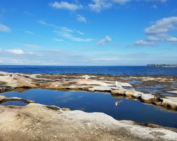 Scenic view of sea against blue sky