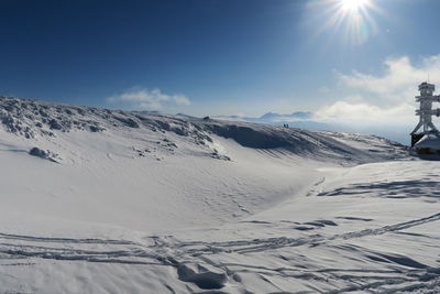 Scenic view of snow covered mountains against sky