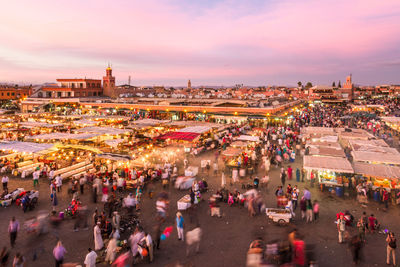 High angle view of city at sunset