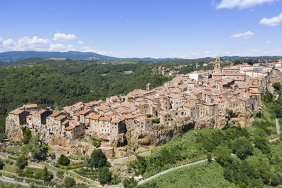 Aerial view of the medieval town of pitigliano in the province of grosseto on the hills 