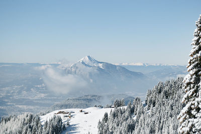 Scenic view of snowcapped mountains against clear sky