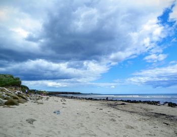 Scenic view of beach against cloudy sky