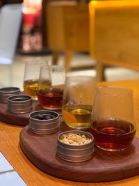 Close-up of alcohol in glasses with food on table