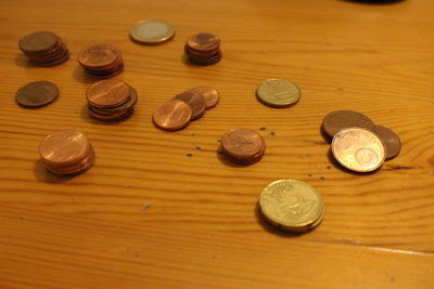 High angle view of coins on table