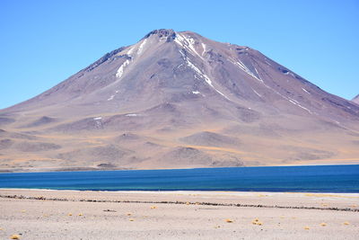 Scenic view of mountains against clear blue sky