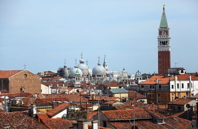 Panoramic view of venice with saint mark cathedral and high bell tower called campanile di san marco 