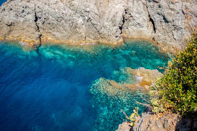 High angle view of rock formation in sea