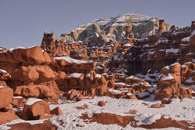 Aerial view of rock formation against sky during winter