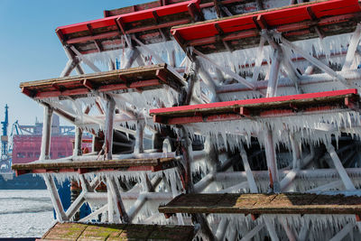 Close-up of frozen paddle wheeler against sky
