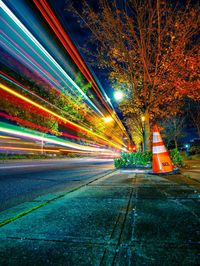 Light trails on road at night