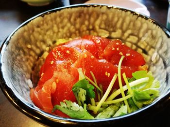 High angle view of food served in bowl on table