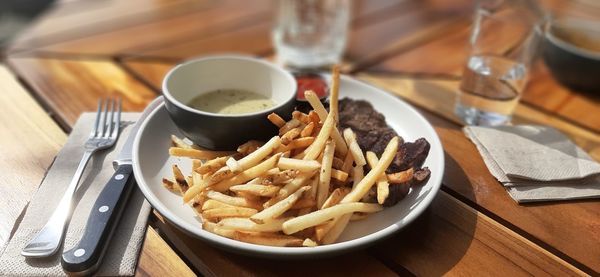 High angle view of food in plate on table