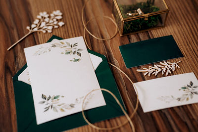 High angle view of text on paper on table