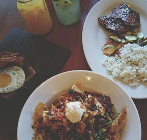 High angle view of breakfast on table