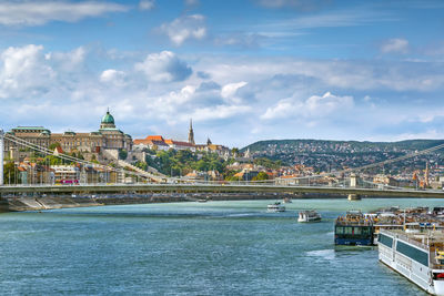 View of buda with castle and palace complex of the hungarian kings from danube, budapest, hungary