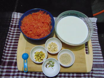 High angle view of breakfast served on table