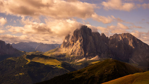 Scenic view of mountains against sky during sunset