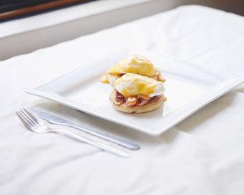High angle view of breakfast in plate on table