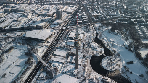 High angle view of cityscape during winter