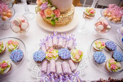 High angle view of cake served on table