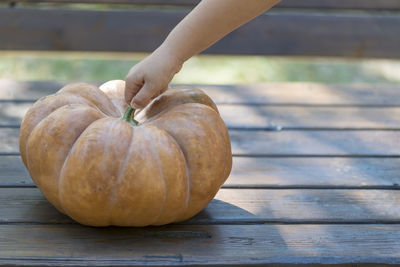 Close-up of hand holding pumpkin on table